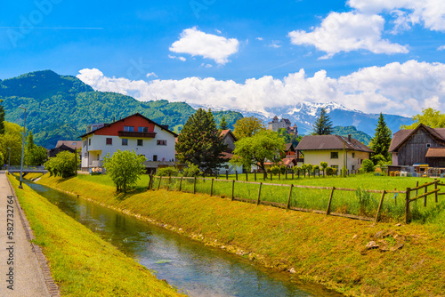 River and houses near the mountains in Vaduz, Oberland Liechtenstein