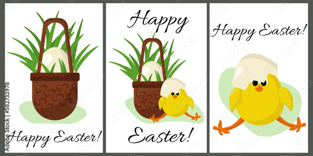 Fototapeta premium Happy easter! Set of holiday vertical cards with basket, grass, egg and cute chick