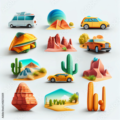 icon set of travel, road, car, landscape