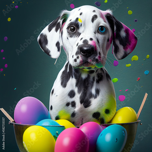 Dalmatian Puppy with Splashes of Paint and Colourful Easter Egg