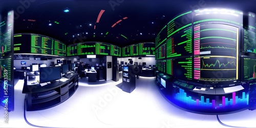 Photo of a high-tech computer room with multiple screens and monitors