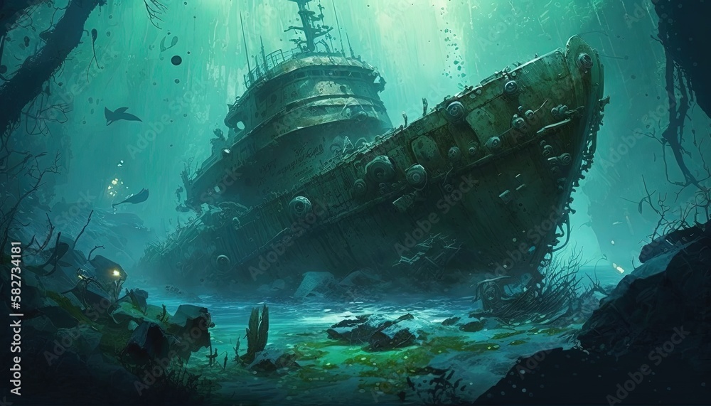 underwater scene featuring a shipwreck amidst a graveyard of other