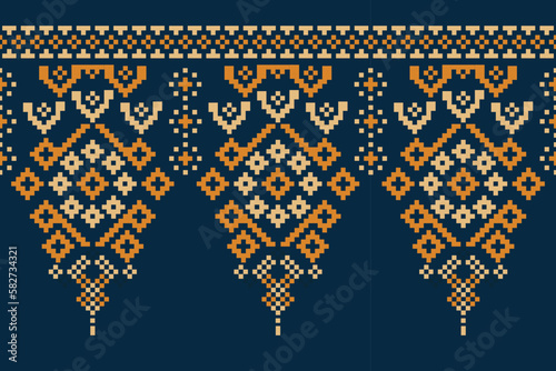 Ethnic geometric fabric pattern Cross Stitch.Ikat embroidery Ethnic oriental Pixel pattern navy blue background. Abstract,vector,illustration.For texture,clothing,wrapping,decoration,carpet.