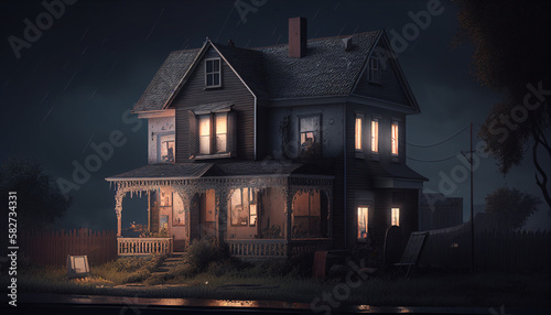 Vintage home in the shadows, old house in the night, Generative AI