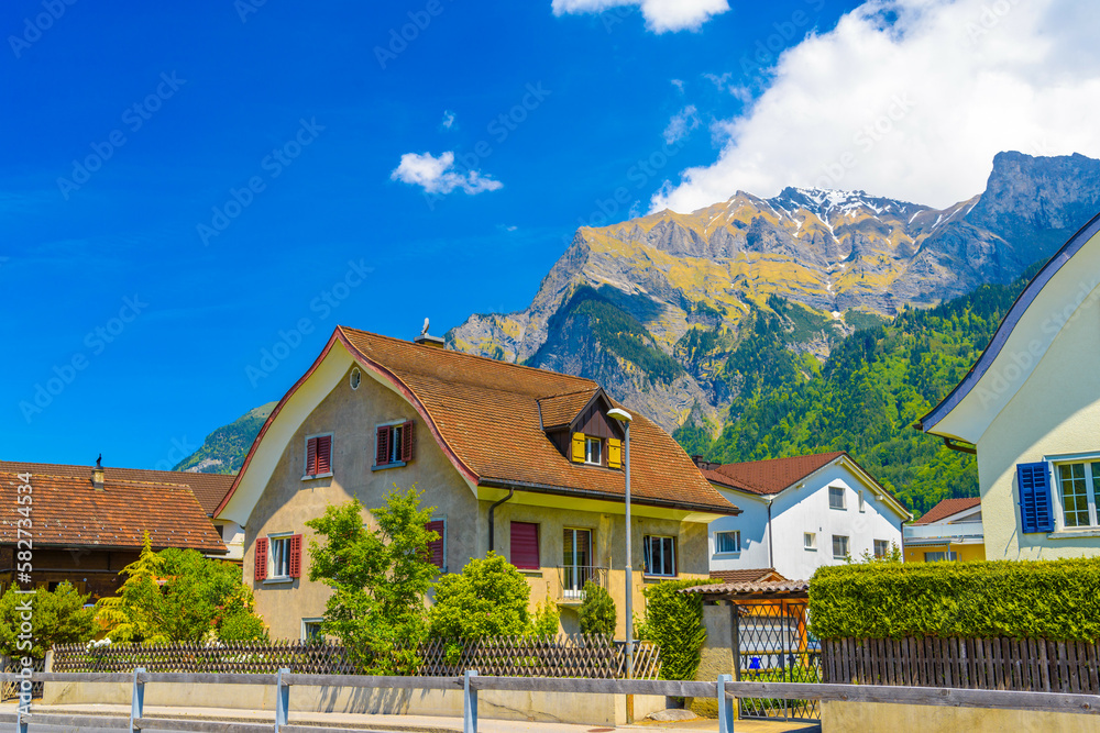 Road and houses near the mountains in Vaduz, Oberland Liechtenstein