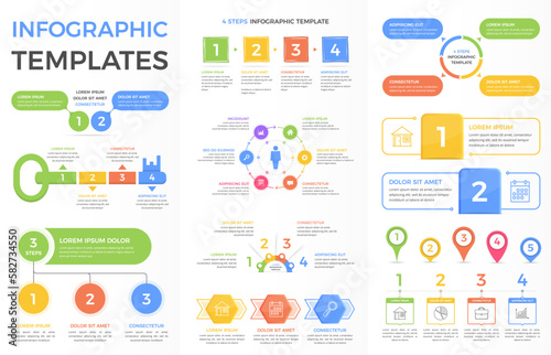 Set of infographic templates for web and business projects, presentations - steps and options, circle diagrams, map pins