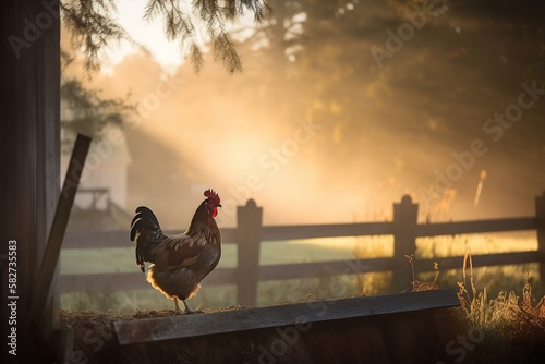 Stampa su tela rooster on farm early morning