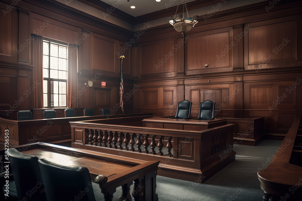 Courtroom interior. Empty Courthouse room interior. Law and Justice ...