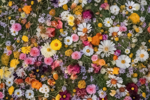Top view of meadow flowers. Wild flowers grow on the field. Generative AI. Top view of a scattering of field and meadow flowers and herbs © artsterdam