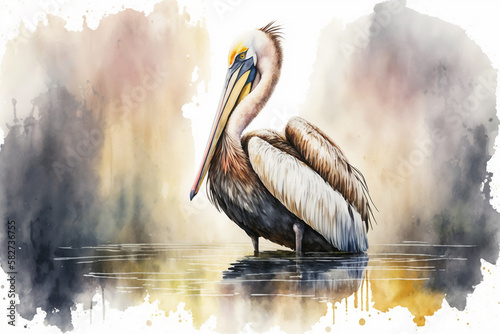 Watercolor painting of a peaceful pelican standing at the water. Beautiful artistic animal portrait for poster, wallpaper, art print. Made with generative AI. photo
