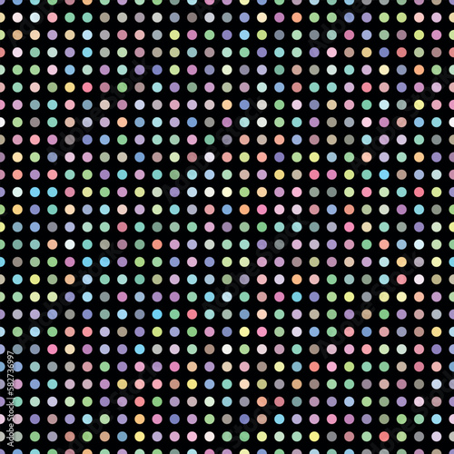 Dotted seamless pattern. Colorful circles with different opacity repeat on black background. Vector illustration. 