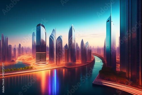  futuristic illustration future city, metropolis, future technology, tech progress, high rise buildings, glass, AI generated