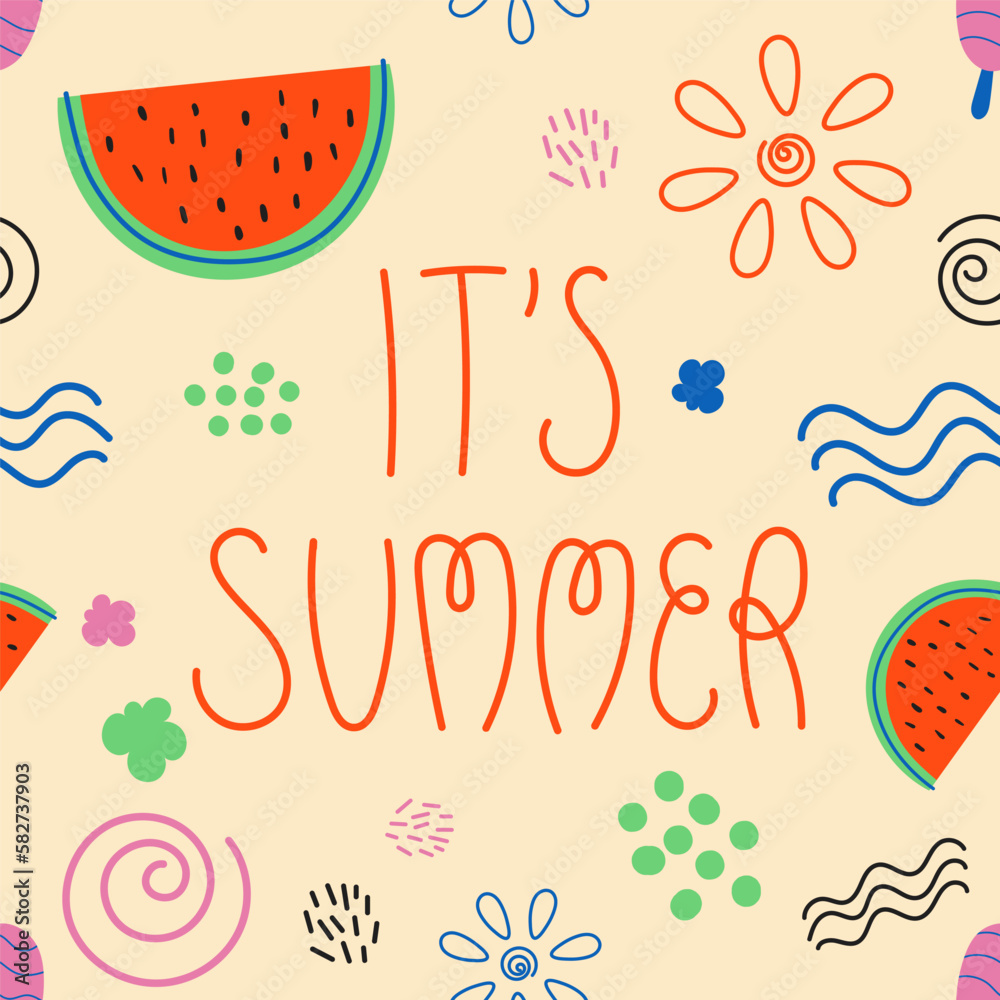 It is summer phrase vector pattern Hand drawn lettering illustration with watermelon, sun, waves, swirls, dots, doodle symbols of summer season 