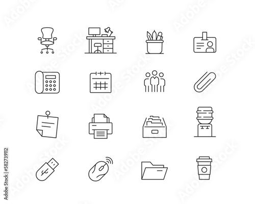 Office Working Icon collection containing 16 editable stroke icons. Perfect for logos, stats and infographics. Change the thickness of the line in Adobe Illustrator (or any vector capable app).