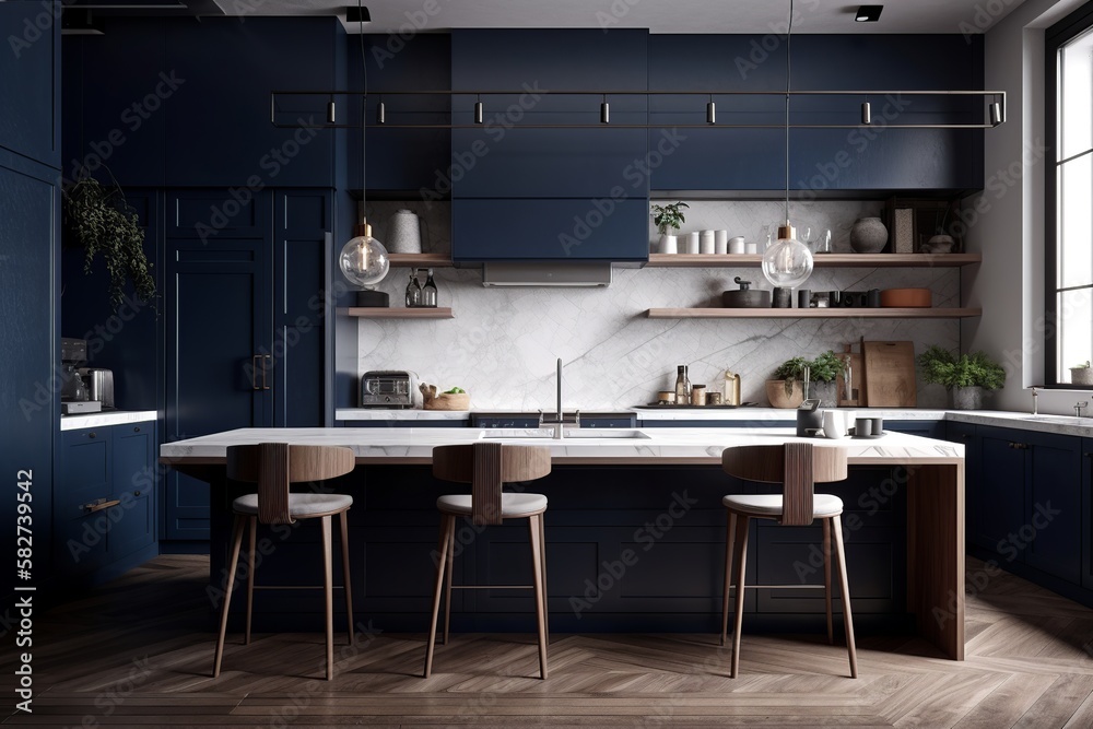 A sleek and modern kitchen with white marble countertops, navy blue ...
