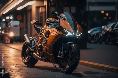 Photographie Orange motorbike in a modern city at night