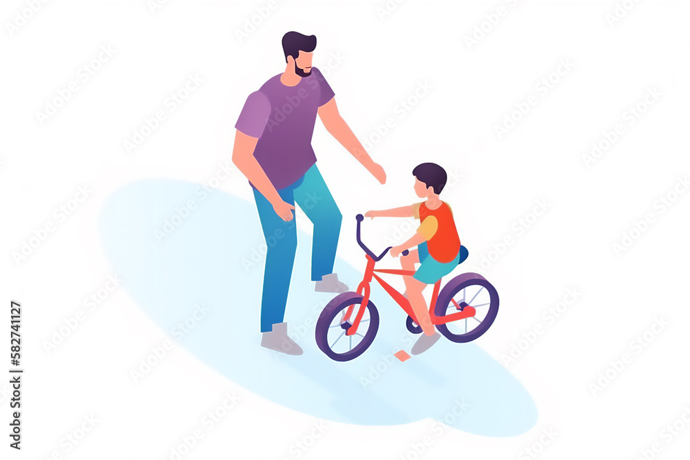 Father teaching his son to ride a bike, bicycle activity kid and dad together .generative ai.