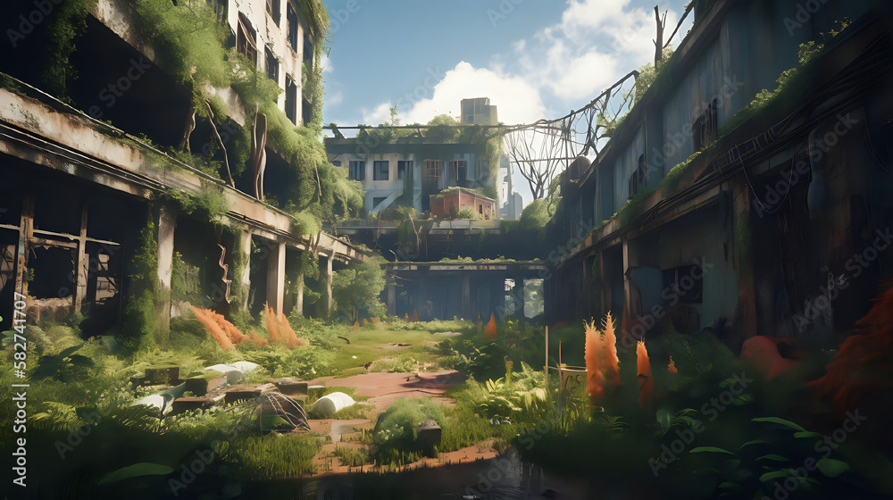 Abandoned Armaggedon, post-apocalyptic city. Owergrown vegetation - obrazy, fototapety, plakaty 