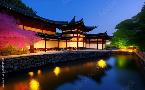 A nighttime view of a temple