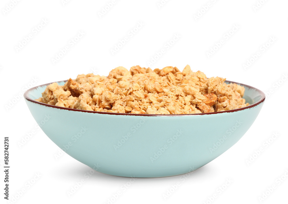 Bowl of tasty granola on white background