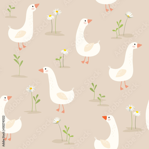 Seamless pattern with cute cartoon goose and flowers