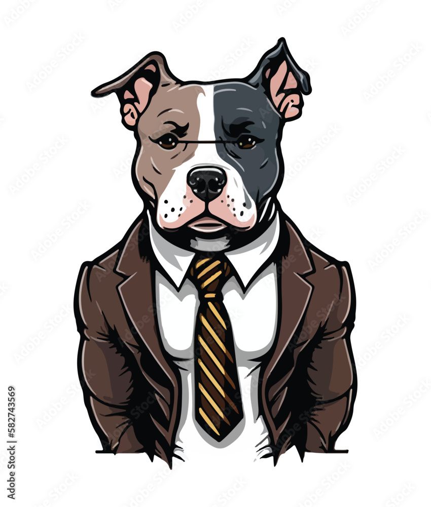 A cartoon dog in a suit and tie with the word pitbull on it.
