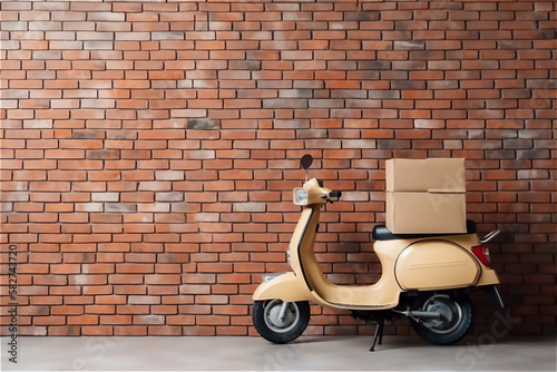 image of a delivery scooter with paper boxes against a brick wall background, representing the concept of delivery service. generative ai photo