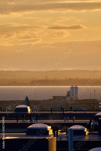 Vertical aerial view of the Pegwell Bay at sunset photo