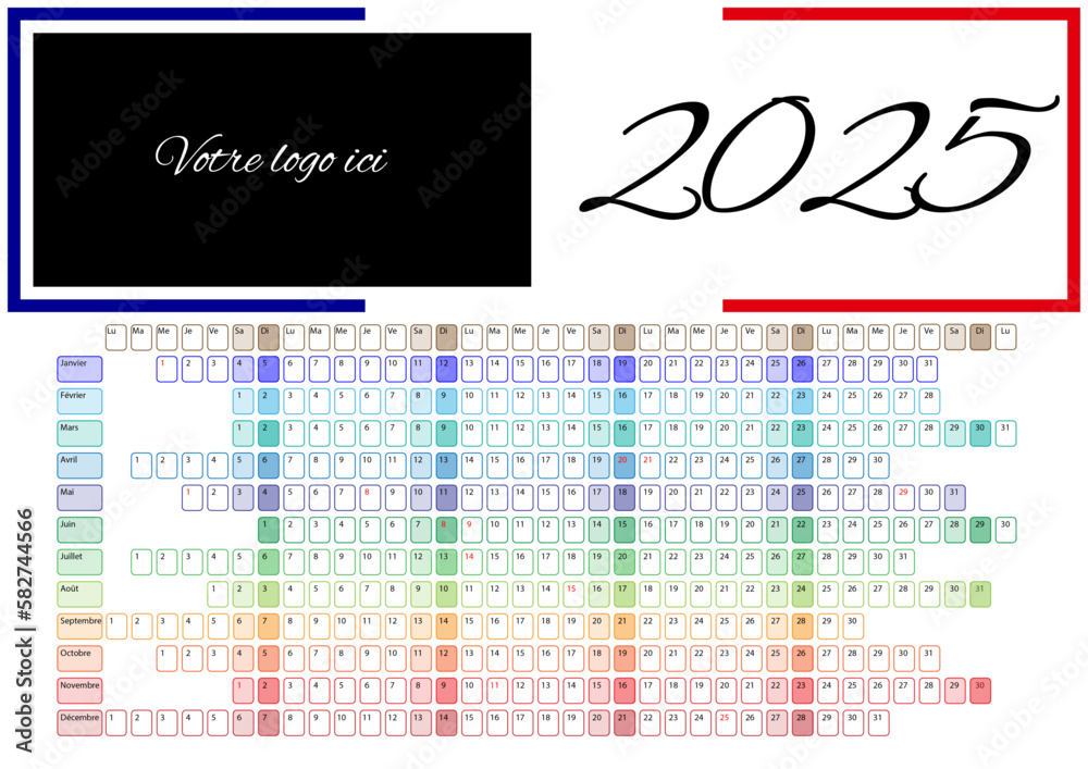 Calendrier sympa 2025 12 mois français avec jours fériés et drapeau