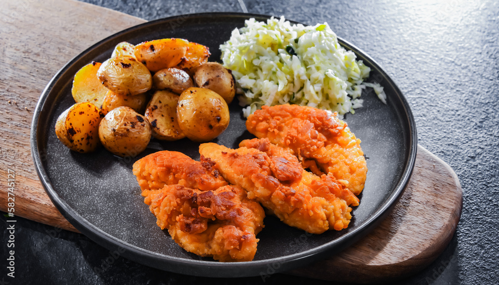 Breaded chicken cutlets served with potatoes and cabbage Breaded chicken cutlets served with potatoes and cabbage