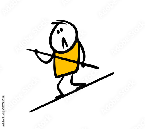 Doodle unhappy, frightened acrobat is walking on a tightrope and is afraid of falling down.