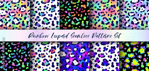 Abstract Rainbow Leopard seamless patterns set. Trendy vector gradient wild animal cheetah skin, leo texture with black, neon and rainbow spots for fashion print designs, backgrounds, wallpapers