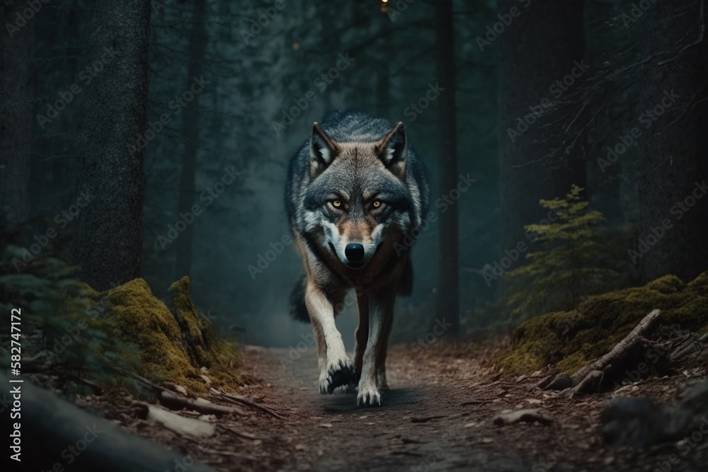 Pov Highly defined macrophotography of a realistic wolf running across the dark forest, eyes looking towards the camera, rage, pose attack, point of view - obrazy, fototapety, plakaty 