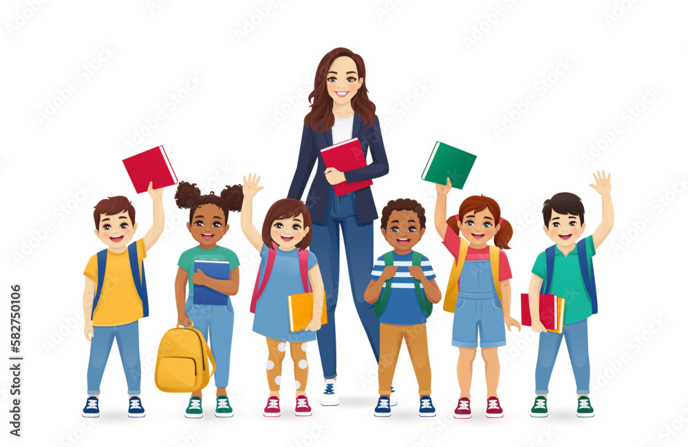Smiling school children kids with backpacks and books standing near teacher woman isolated vector illustration Smiling school children kids with backpacks and books standing near teacher woman isolated vector illustration