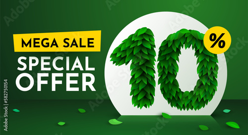 10 percent Off. Discount creative composition. Sale brochure with font made from leaves. Sale banner and poster.