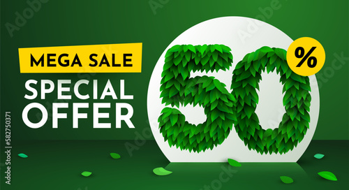50 percent Off. Discount creative composition. Sale brochure with font made from leaves. Sale banner and poster.