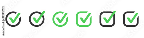 green check mark icon, check box icon set. circle and square. tick box symbol in green with correct, accept checkmark icons , check list circle frame - checkbox symbol vector sign