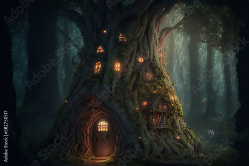 Magical fantasy fairy tale scenery of tree house at night in a forest, generative ai