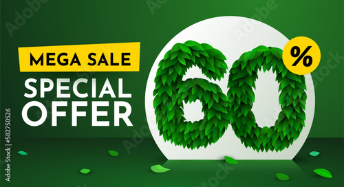 60 percent Off. Discount creative composition. Sale brochure with font made from leaves. Sale banner and poster.
