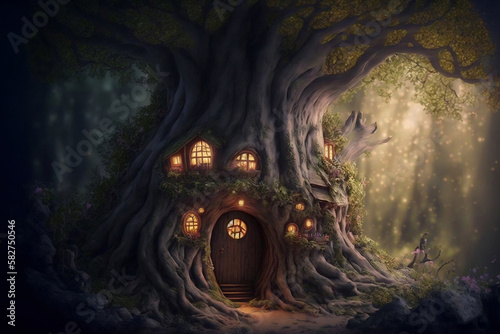 Magical fantasy fairy tale scenery of tree house at night in a forest  generative ai