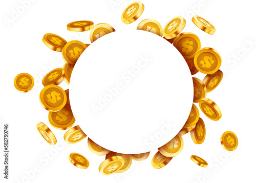 Empty circle frame with flying golden coins.