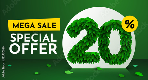 20 percent Off. Discount creative composition. Sale brochure with font made from leaves. Sale banner and poster.