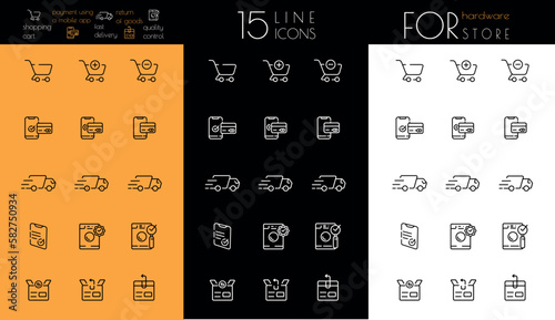 Icons set for a hardware store. Shopping cart, fast delivery, quality control, payment by card and using a mobile app, return of goods.