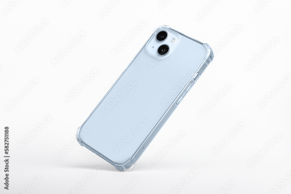 Phone case mock up side view. blue iPhone 14 plus in clear transparent soft silicone case isolated on gray background, rotated position. Smartphone perspective view Phone case mock up side view. blue iPhone 14 plus in clear transparent soft silicone case isolated on gray background, rotated position. Smartphone perspective view