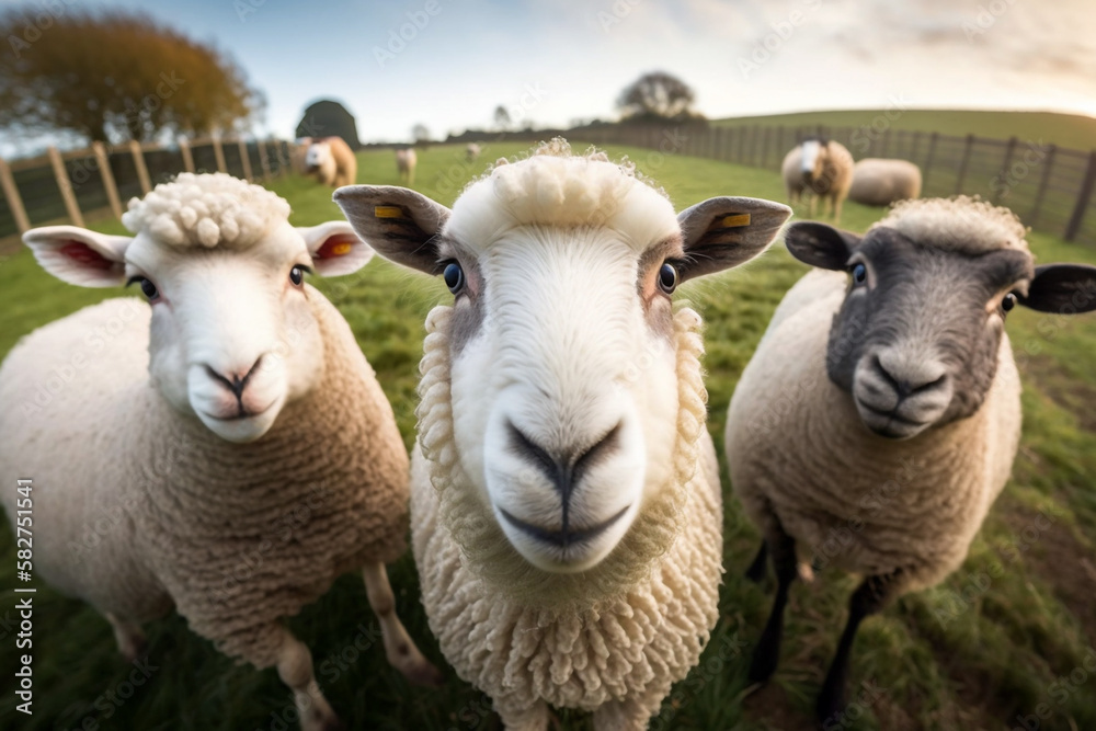 Closeup portrait of three curious sheep standing on a pasture and looking at the camera. Generative AI. Closeup portrait of three curious sheep standing on a pasture and looking at the camera. Generative AI.