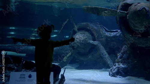Toddler in front of a large aquarium with fish and a sunken plane. Silhouette and beautiful ruins of an old plane in the background