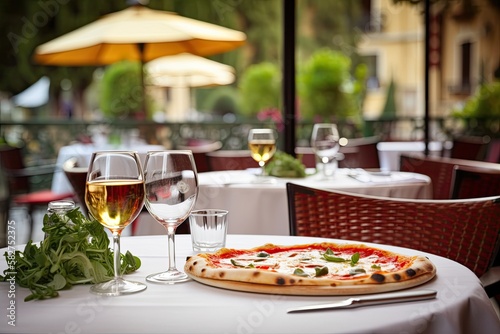 A warm  bustling Italian restaurant terrace with savory aromas wafting from a freshly baked pizza waiting on the center table  wine glasses - Generative AI