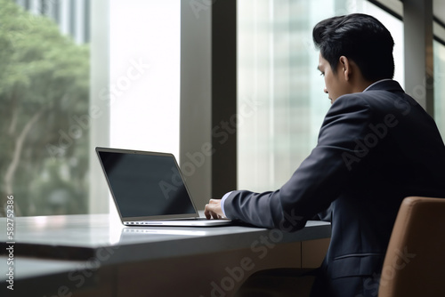 A business man sits at a desk in front of a window, using a laptop. Generative AI