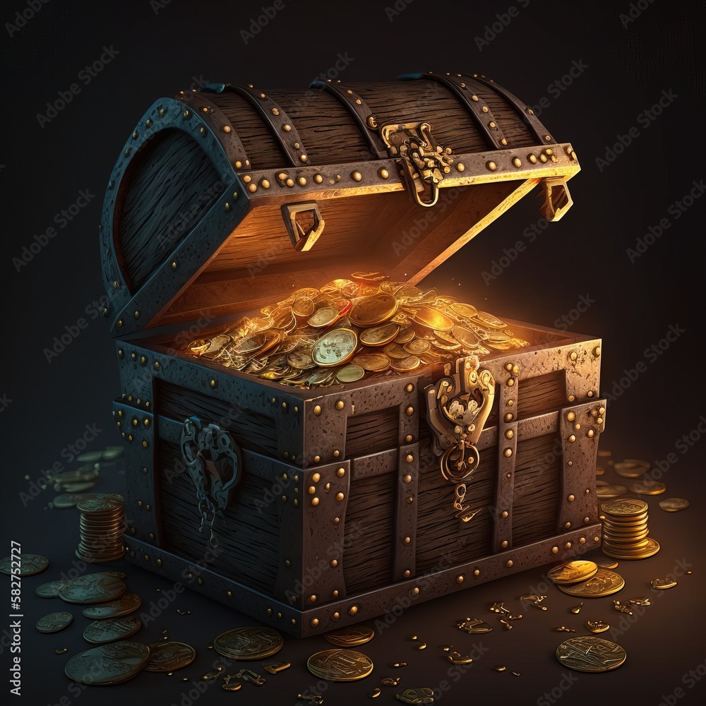 Treasure box, illustration of medieval ancient wooden cartoon chests
