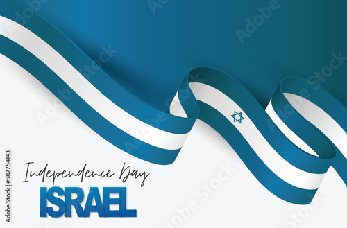 Israel Independence Day. National holiday design template. Israeli symbolics banner or flyer with blue waving flag ribbon. Vector illustration.